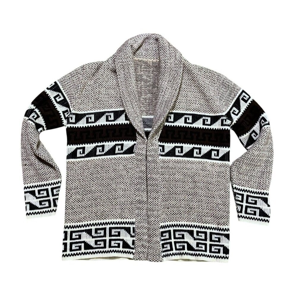 Vintage Mens Tribal Cardigan Sweater XL Brown Cream Open Shawl Collar The Dude